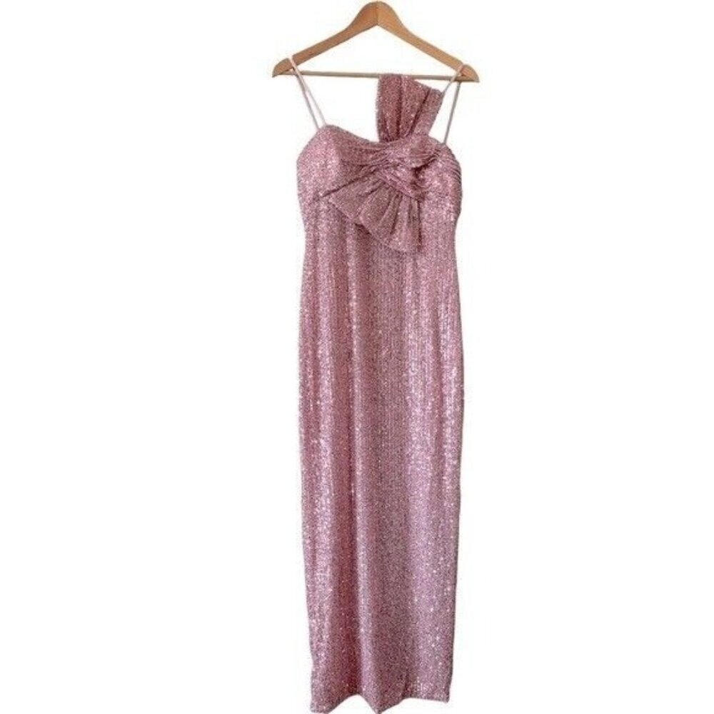ANTHROPOLOGIE MAC DUGGAL Sequined Faux Bow Column Gown Pink Sequin Size 6 NEW - Picture 4 of 14